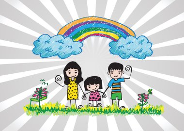 Çocuklar mutlu aile resmi çiziyor.