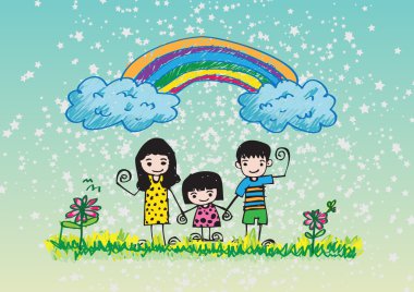 Çocuklar mutlu aile resmi çiziyor.