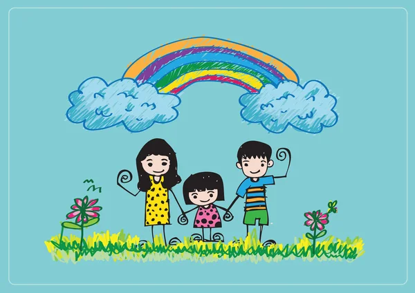 Παιδιά που ζωγραφίζουν ευτυχισμένη οικογενειακή εικόνα — Διανυσματικό Αρχείο