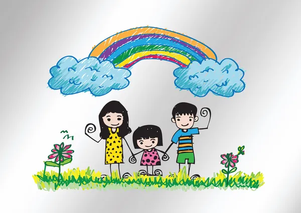 Crianças desenhando imagem de família feliz — Vetor de Stock