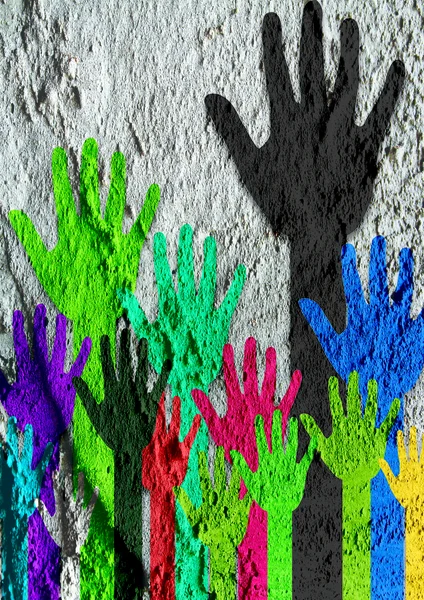 Colorful silhouette hands on Cement wall texture background desi — Stock Photo, Image