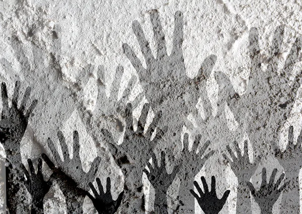 Colorido silhueta mãos no cimento parede textura fundo desi — Fotografia de Stock