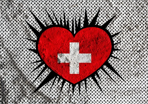 Cinta bendera Swiss tanda simbol hati pada tekstur dinding semen b — Stok Foto