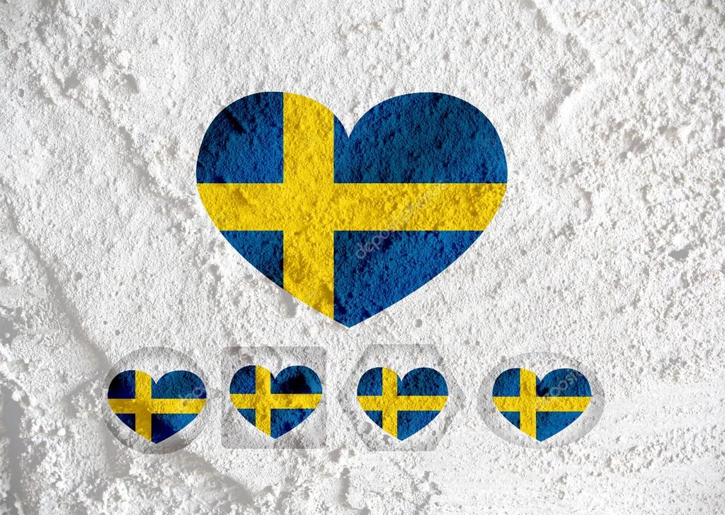 Love  Sweden flag sign heart symbol on Cement wall texture backg