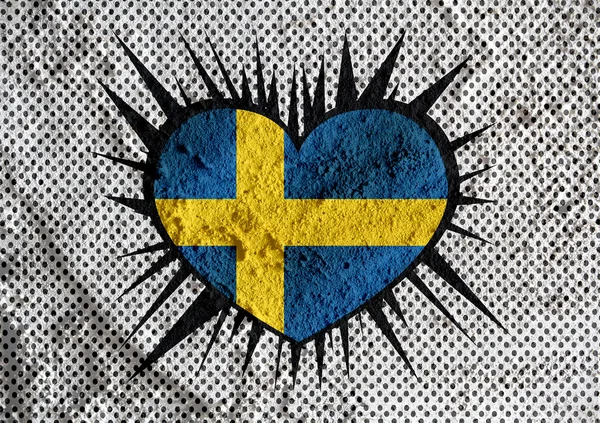 Miłość flaga Szwecji znak symbol serca na backg tekstura ściana cementowo — Zdjęcie stockowe