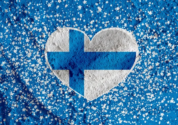 Love Finland flag sign heart symbol on Cement wall texture backg — Stock Photo, Image