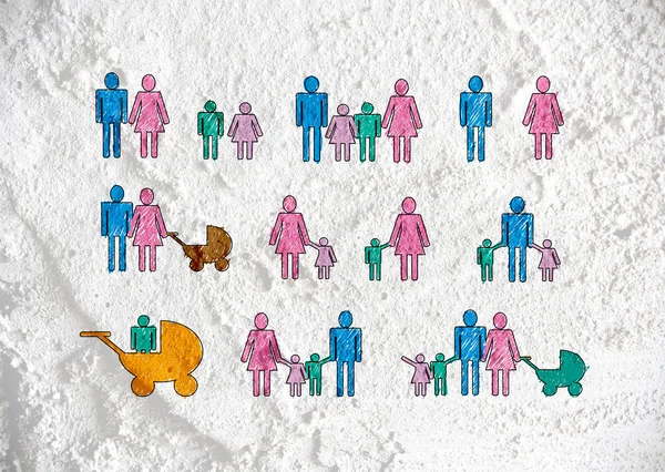 人们家庭象形图在水泥墙体纹理背景设计 — 图库照片