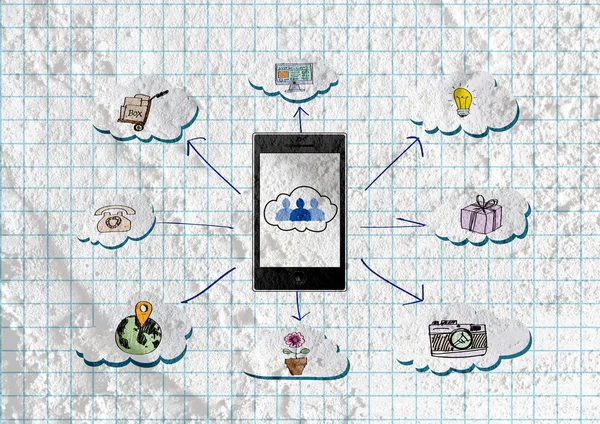 Mobiele telefoon communicatienetwerk op muur textuur achtergrond — Stockfoto