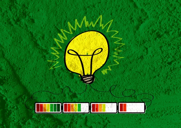 Glödlampa med laddning batteriet driver tanken på väggen textur tillbaka — Stockfoto