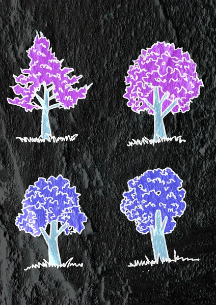 Bäume mit Blättern in Silhouetten auf Wandtextur Hintergrund d — Stockfoto