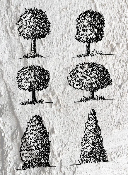 Дерева з листям у силуетах на фоні текстури стіни d — стокове фото