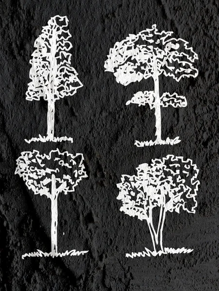 Árvores com folhas em silhuetas na parede textura fundo d — Fotografia de Stock