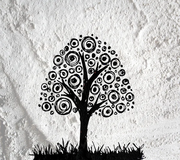 벽 질감 배경 드에 실루엣에 있는 잎을 가진 나무 — 스톡 사진