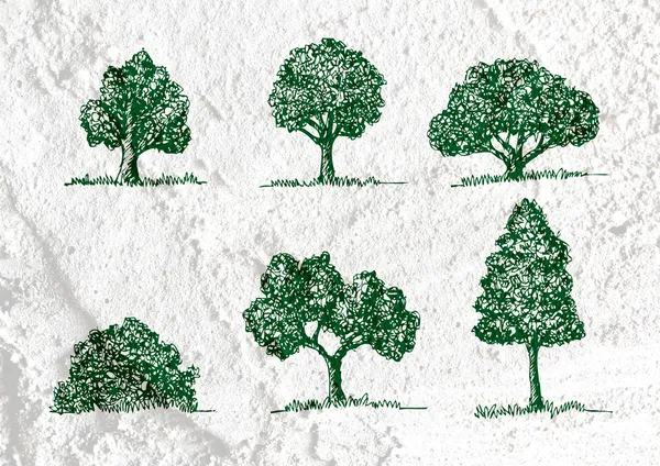 Bäume mit Blättern in Silhouetten auf Wandtextur Hintergrund de — Stockfoto