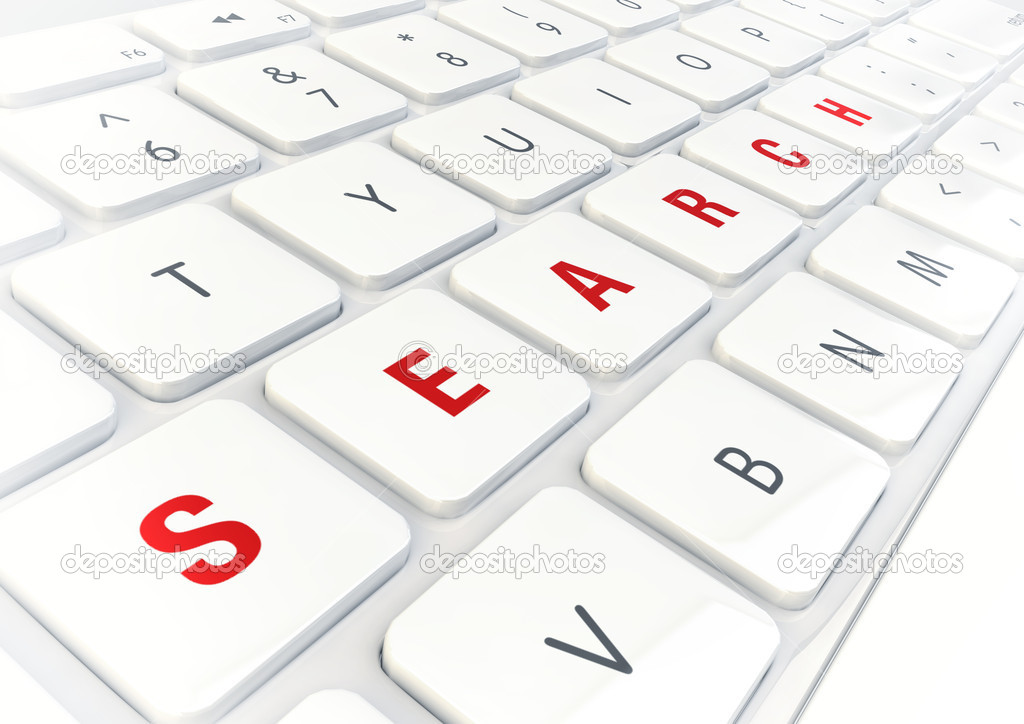 Search word written on modern shiny white keyboard