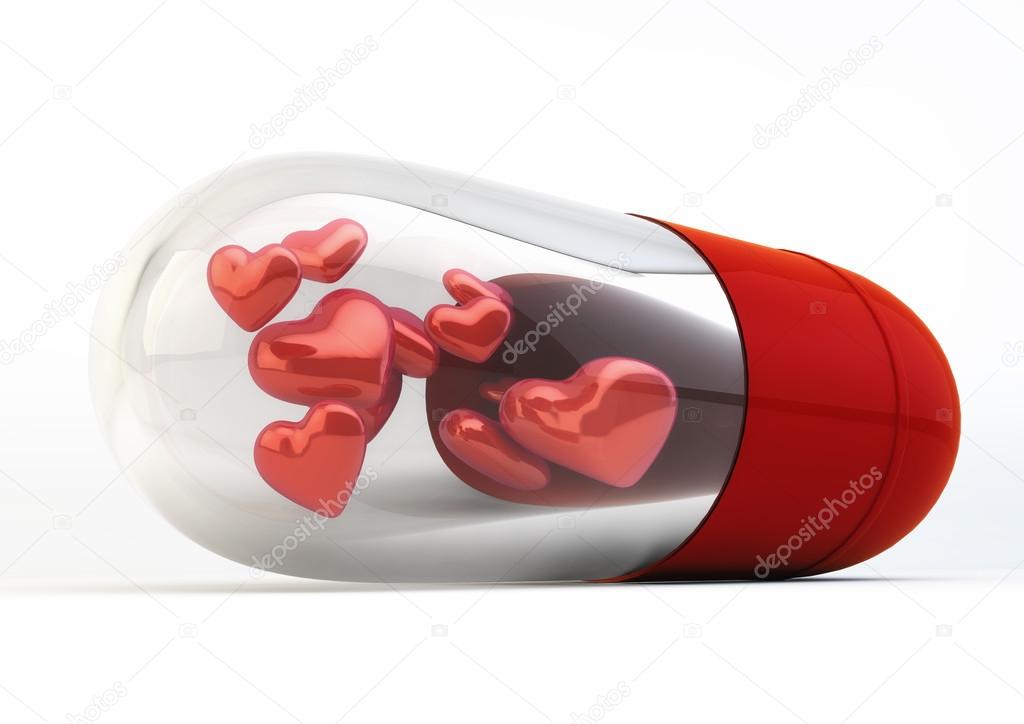 Red Love Pills inside capsule 3d Illustration isolated on white