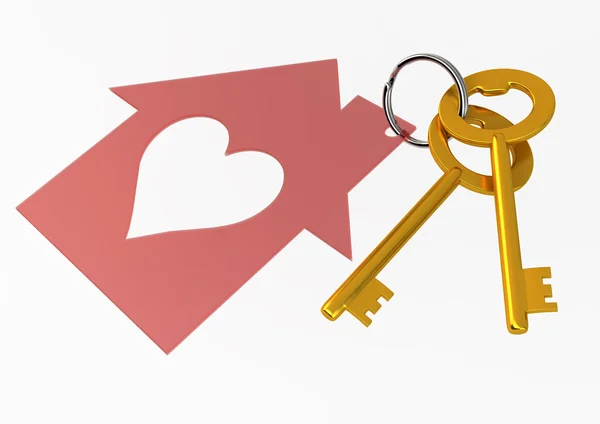 Golden House Keys with Red Heart Shape House Icon — стоковое фото