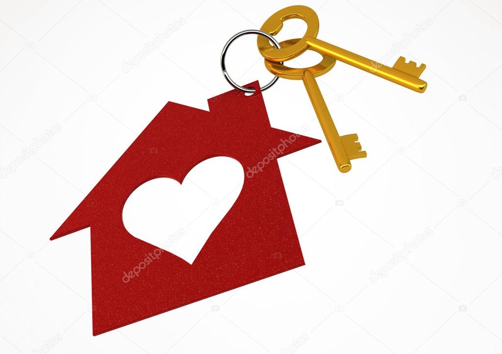 Golden House Keys with Red Heart Shape House Icon Illustration i