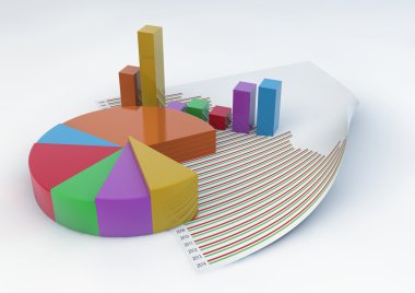 3D pasta grafik ve bir istatistik belgeyi kağıt izole o ile barlar