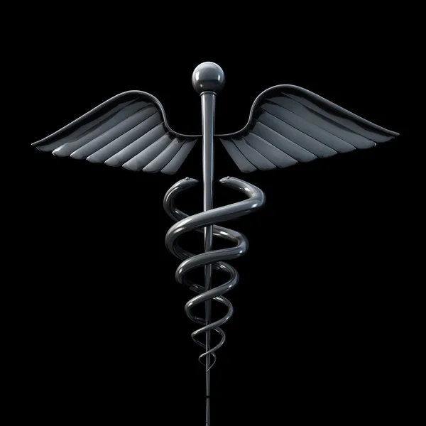 Shiny Silver Caduceus on black reflective background — Stock Photo, Image