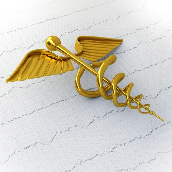 Caduceo dorado en Ecg - Papel Ekg - Ilustración del concepto médico —  Fotos de Stock