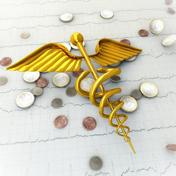 Golden Caduceus on Ecg - Ekg Paper with Coins - Spending Money o — Stock Photo, Image