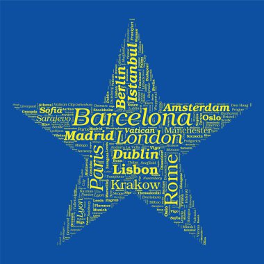 Avrupa şehirleri vektör word cloud beyaz adam yıldız şeklinde