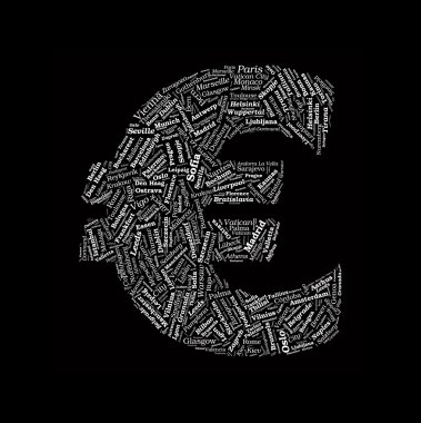 Euro simgesi üzerinde vektör kelime bulutu Avrupa şehirleri kelimelerle şeklinde