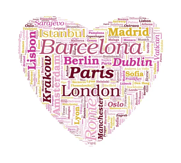 Amor em forma de cidades europeias vetor Word Cloud em backgroun branco — Vetor de Stock