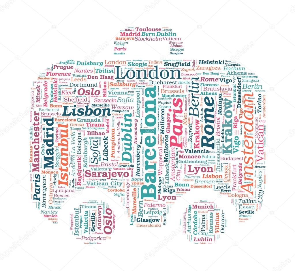 European Cities Bag Shaped Vector Word Cloud on white background