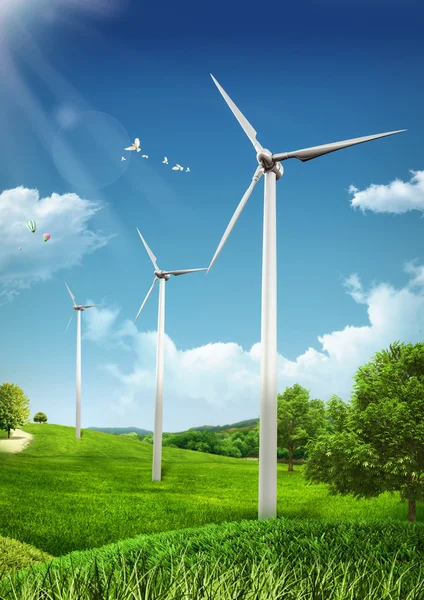 Turbine eoliche su campi verdi e cieli blu lucido - Green Ener — Foto Stock