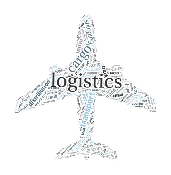 Vliegtuig vormige logistiek en vervoer concept in word cloud — Stockvector