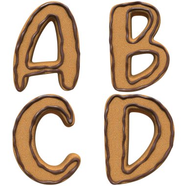 3 Boyutlu Kurabiye Bisküvi Alfabesi, Sayılar ve Noktalama İşaretleri kümesi Gömülü yolu da içeren beyaz arkaplanda izole edilmiş.