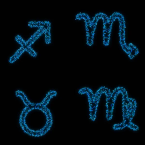 Set of Plexus Network Style Zodiac Astrology Horoscope Signs (Sagittarius, Scorpio, Taurus, Virgo) on Black Background