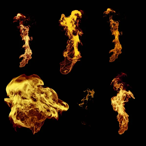 Set Fire Flame Explosion Renderings Isolated Black Background Stockafbeelding