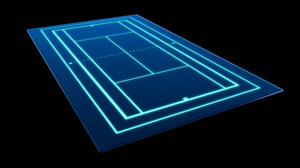 基于黑色背景的霓虹灯蓝色网球场3D渲染 — 图库照片