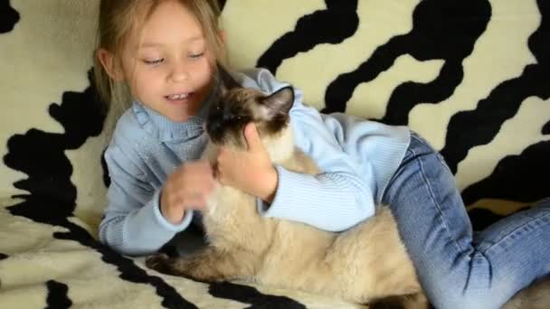 Девушка обнимает кота — стоковое видео