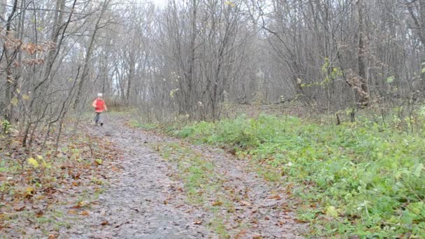 Liten flicka kör med en hund — Stockvideo