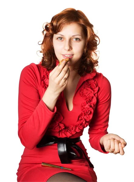 Meisje in een rode jurk lipstick — Stockfoto