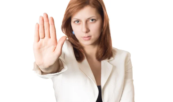 Girl with golden hair shows banning hand gesture — Stock Photo, Image