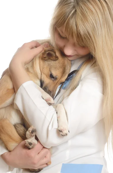 Kind woman veterinarian, hugging a puppy — Stock Photo, Image