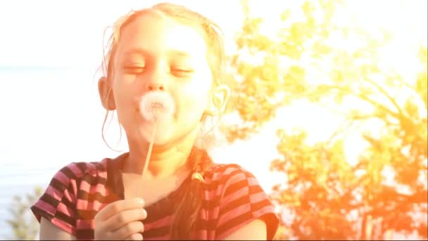 Ragazza che soffia su un dente di leone — Video Stock