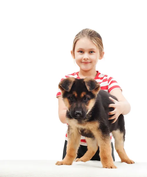 Enfant avec chien berger allemand — Photo