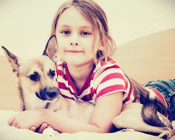 Girl and red puppy — Stock Photo, Image