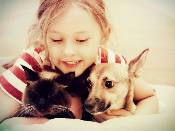 Child and dog and cat — Stock Photo, Image