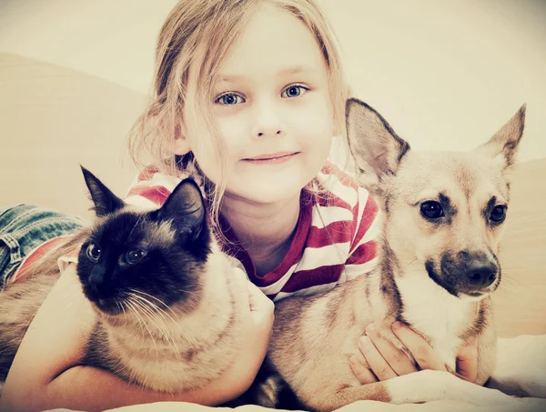 Niño abrazando a un gato y un perro Fotos De Stock Sin Royalties Gratis