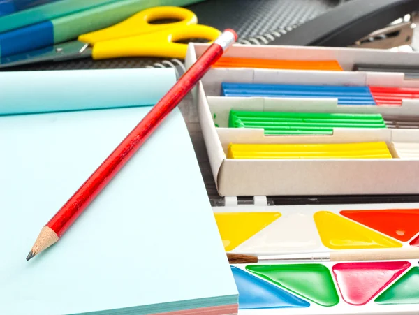 Notebook with a pencil near the clay and watercolor — Stock Photo, Image