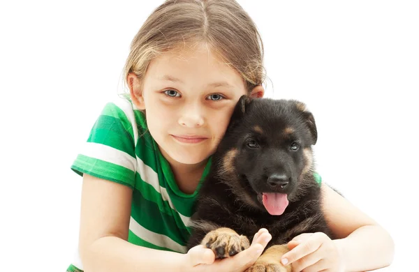 Portrait of a little girl and a German Shepherd puppy on white b — Stock Photo, Image