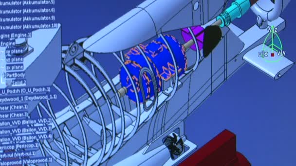Colorful jet engine cross section cutaway detail — Stock Video