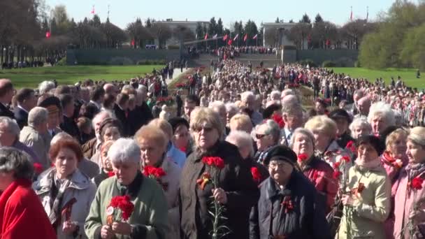 Składają kwiaty na pomnik zwycięstwa — Wideo stockowe